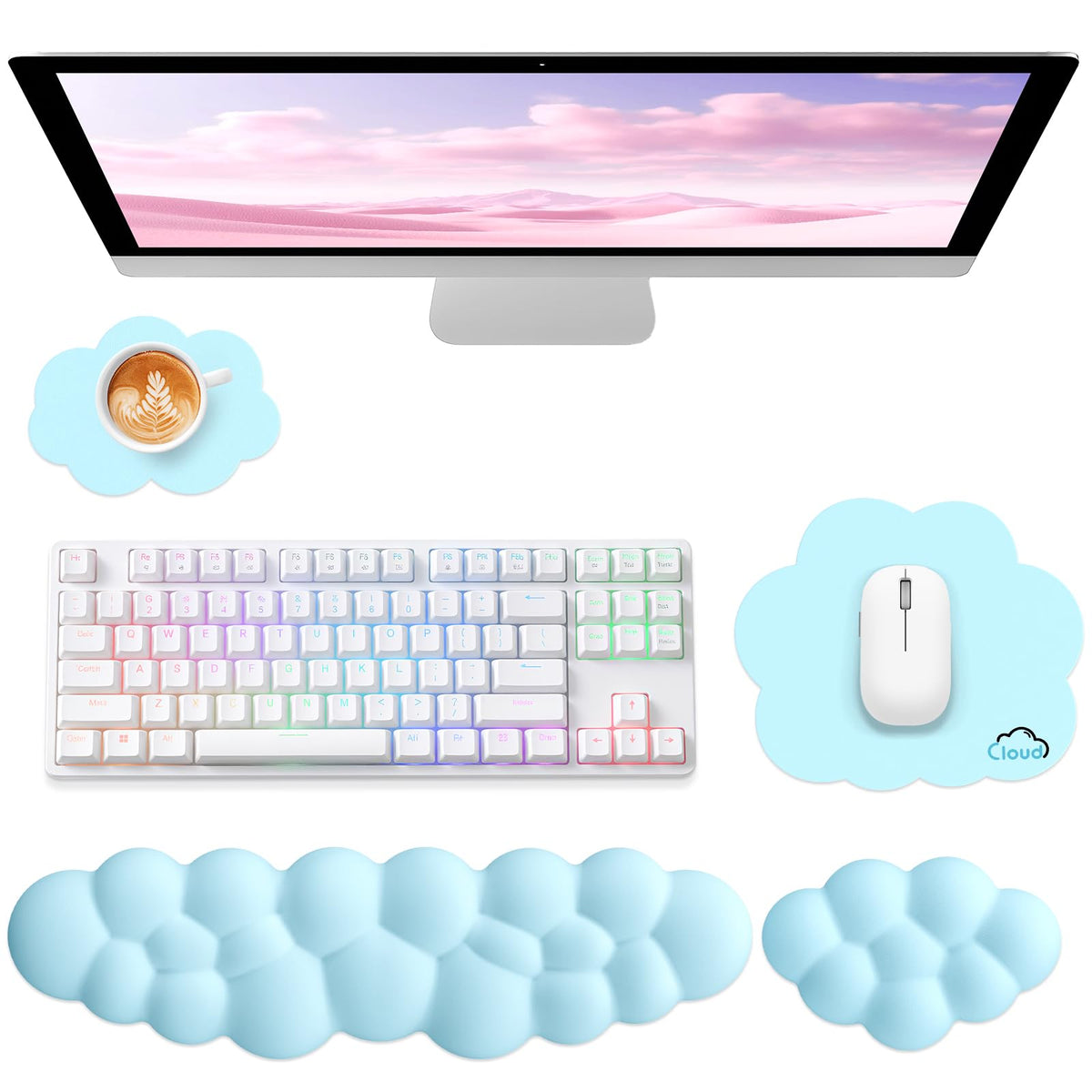 Sushret Cloud Wrist Rest for Computer Keyboard, 4-in-1 Memory Foam Leather Cloud Keyboard Wrist Rest and Mouse Pad Set with Ergonomic Support for Arm and Palm Cushion, Gaming/Work Setup, Blue