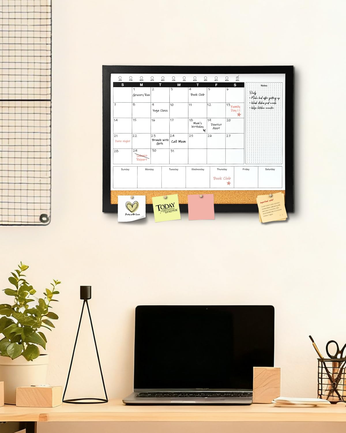 Dry Erase Calendar Whiteboard for Wall, 4-in-1 Magnetic Monthly Whiteboard with Wooden Framed, 17" x 13", Reusable Monthly Combination Planner Board for Home, Office, Classroom