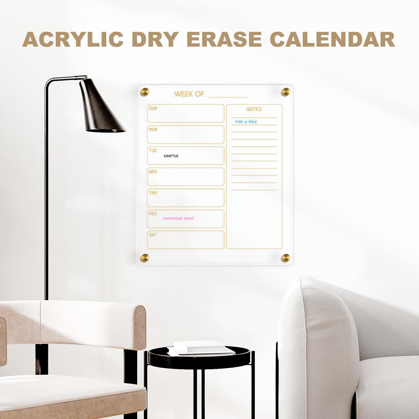 AMUSIGHT Small Acrylic Calendar for Wall, 12" X 14" Golden Clear Acrylic Wall Calendar, Clear Wet & Dry Erase Board Hanging Frameless Weekly Planner for Office, Home or School, 2 Markers