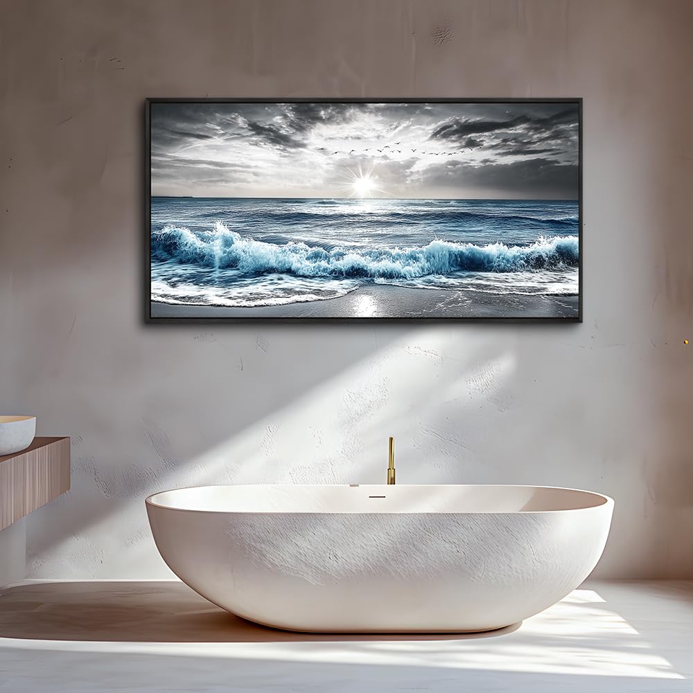 KELIYUAN Wall Decor For Living Room Canvas Wall Art For Bedroom Office Black And White Pictures Beach Wave Scenery Murals Artwork For Modern Stretched and Framed Beach Posters Home Decor 20"X40"