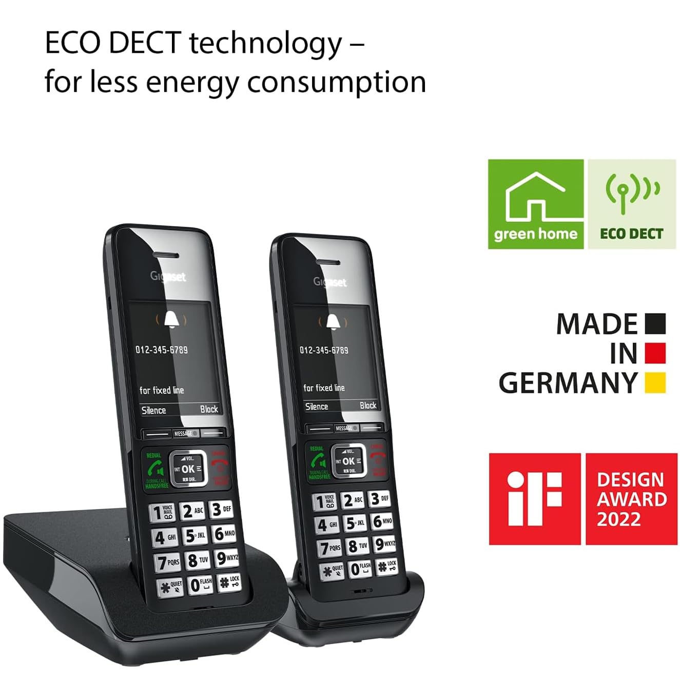 Gigaset Comfort 552 Duo - 2 Cordless Phones - Made in Germany - Elegant Design - Hands-Free Mode - Comfort Call Protection - Phone Book for 200 Entries, Titanium-Black