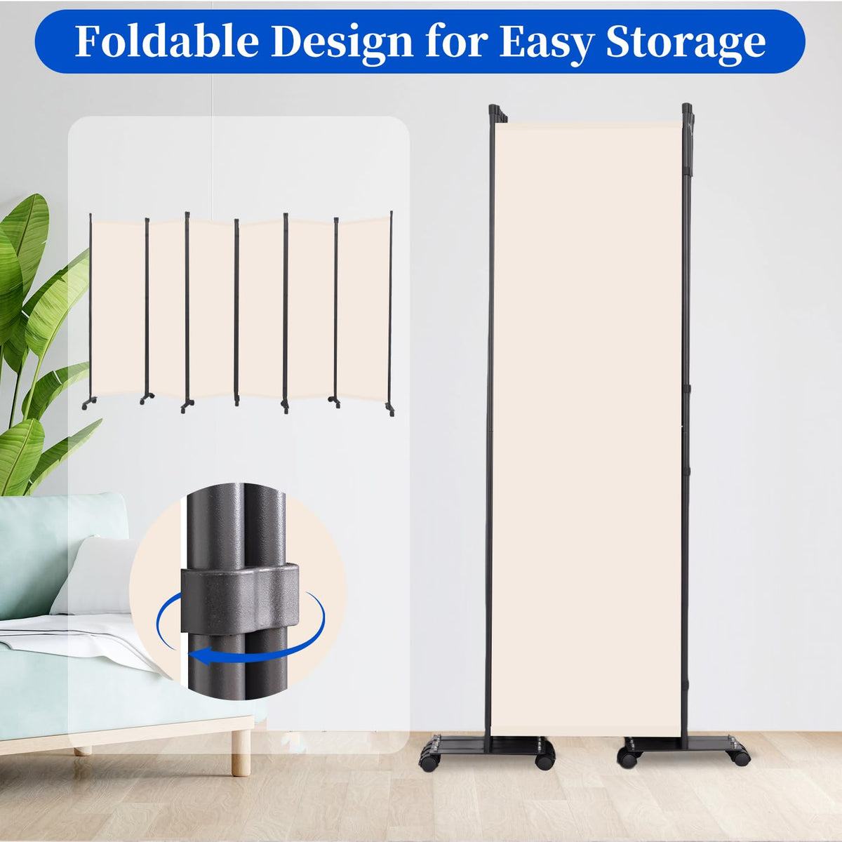 Room Divider 6FT Room Partition with Lockable Wheels, (Thicked Metal Base) Room Dividers, Freestanding Indoor Folding Privacy Screens, Portable Fabric Wall Divider for (Beige, 132"- 6 Panel)