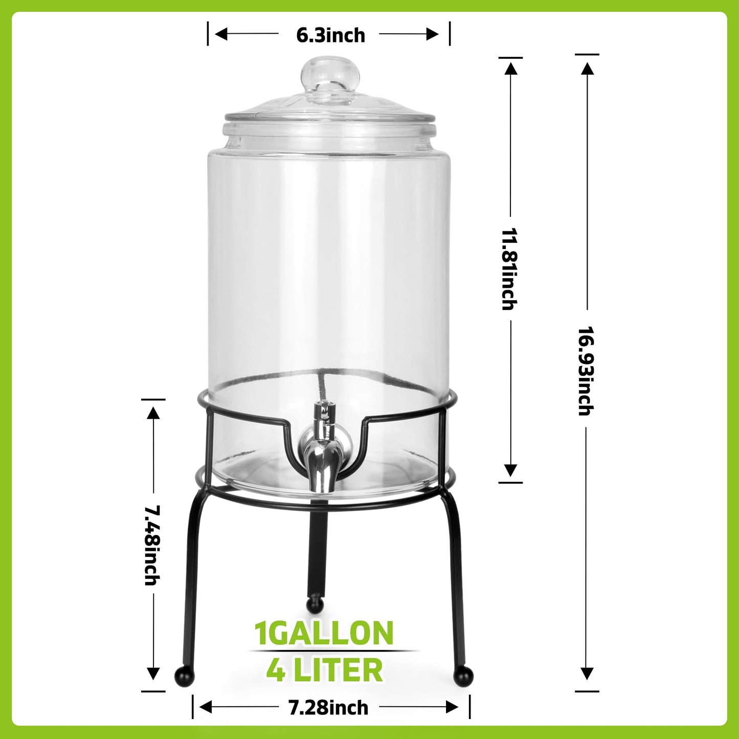 PARAISODOS 1 Gallon Beverage Dispenser 1 Pack, Stainless Steel Spigot Drink Dispenser for Parties with Stand, Clear Glass Drink Container Easy to Refill and Clean