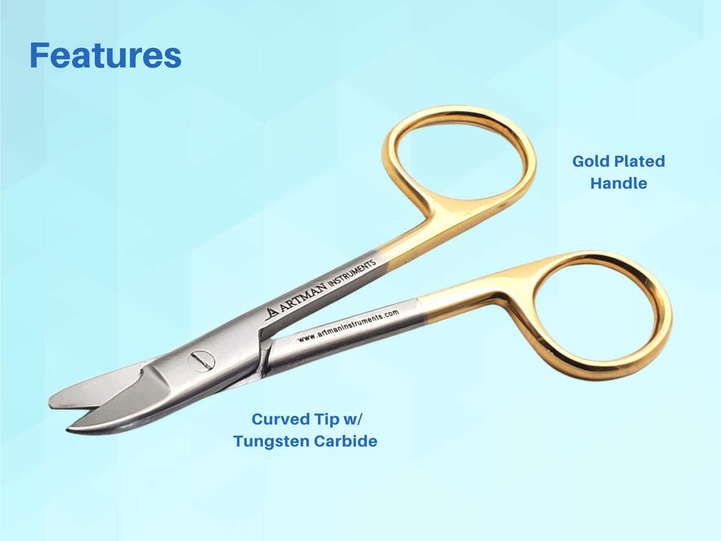 ARTMAN INSTRUMENTS Dental Crown Collar Cutting Scissors 4.25" Curved Scissors for Thin Metal, Plastic, Rubber Sheets - Stainless Steel with Gold Plated Handle for Dental, Craft, and Art Projects