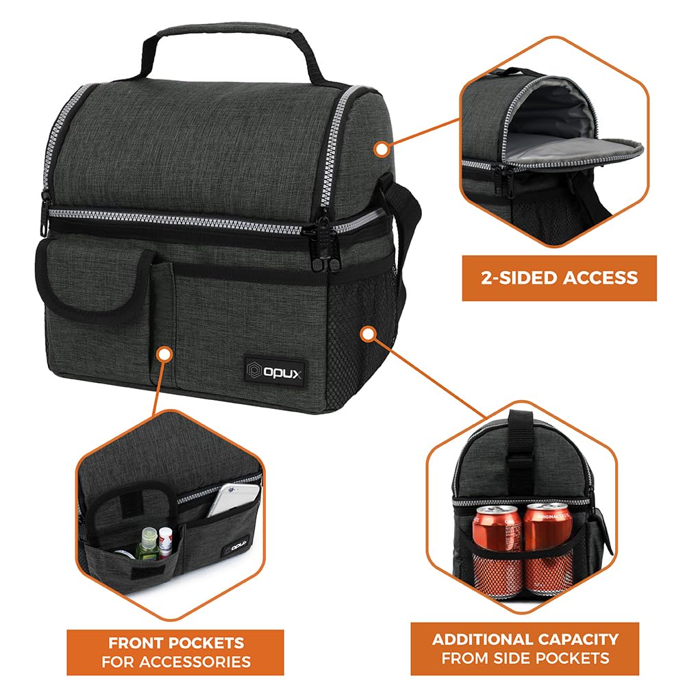 opux Insulated Lunch Bag Women Men, Dual Compartment Leakproof Lunch Box Adults Kids, Double Decker Meal Prep Bento Lunch Cooler Tote with Shoulder Strap for Work Office School Travel, Dark Gray