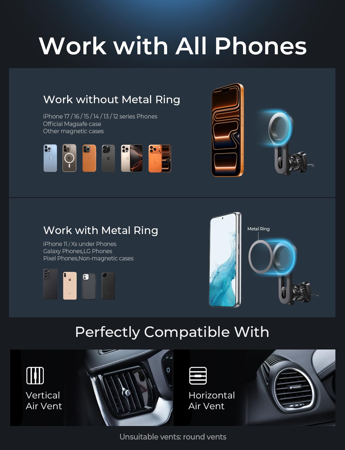 LISEN for MagSafe Car Mount, Magnetic Phone Holder for Car Air Vent Phone Mount, Hands Free Car Phone Mount Phone Holders for Your Car Accessories for Women Men for iPhone 17 Pro Max, Gifts for Mom