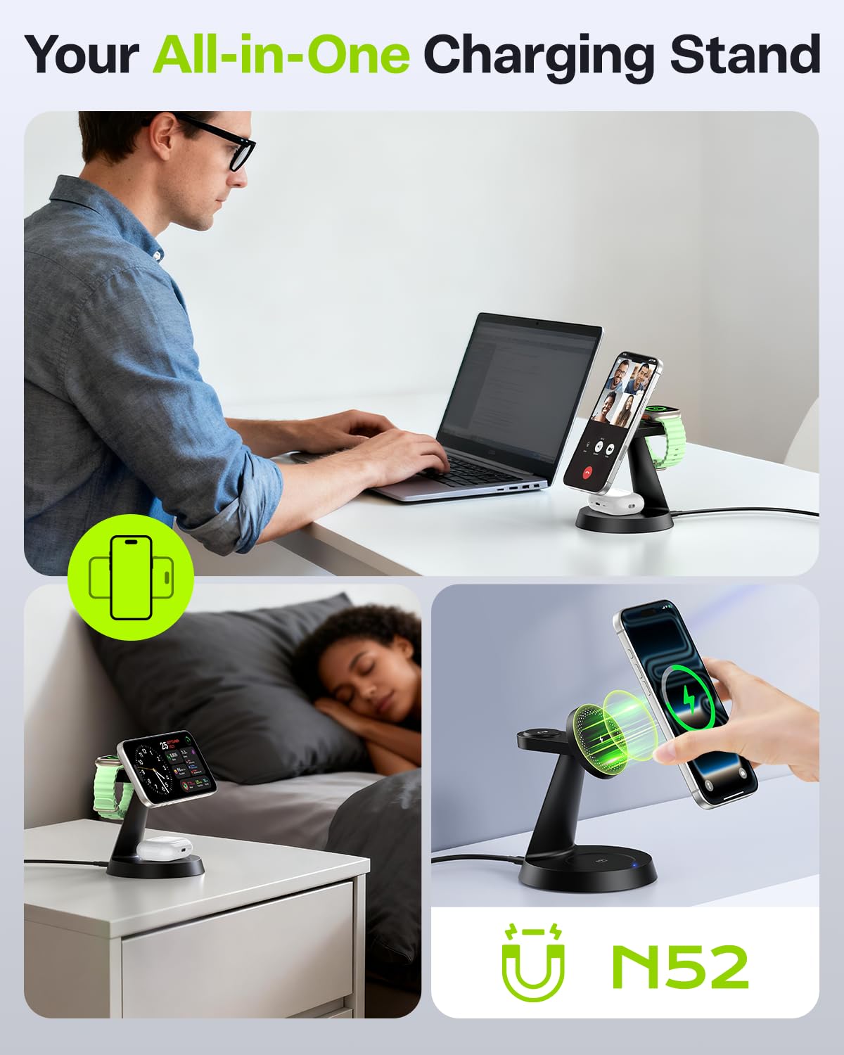 25W Fast Charging Station Designed for MagSafe Charger for iPhone 17 16 Series, 3 in 1 Magnetic Wireless Charging Stand with 45W Adapter for iWatch & Earbuds, Charger Dock with Heat Dissipation