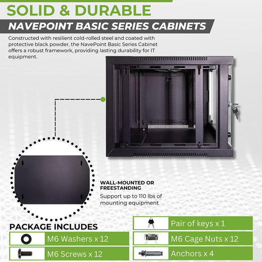 NavePoint 6U Wall Mount Network Cabinet for 19” IT Equipment with Lockable Glass Door & Removable Side Panels, 2 Fans, 17.7” Deep, Pre-Assembled