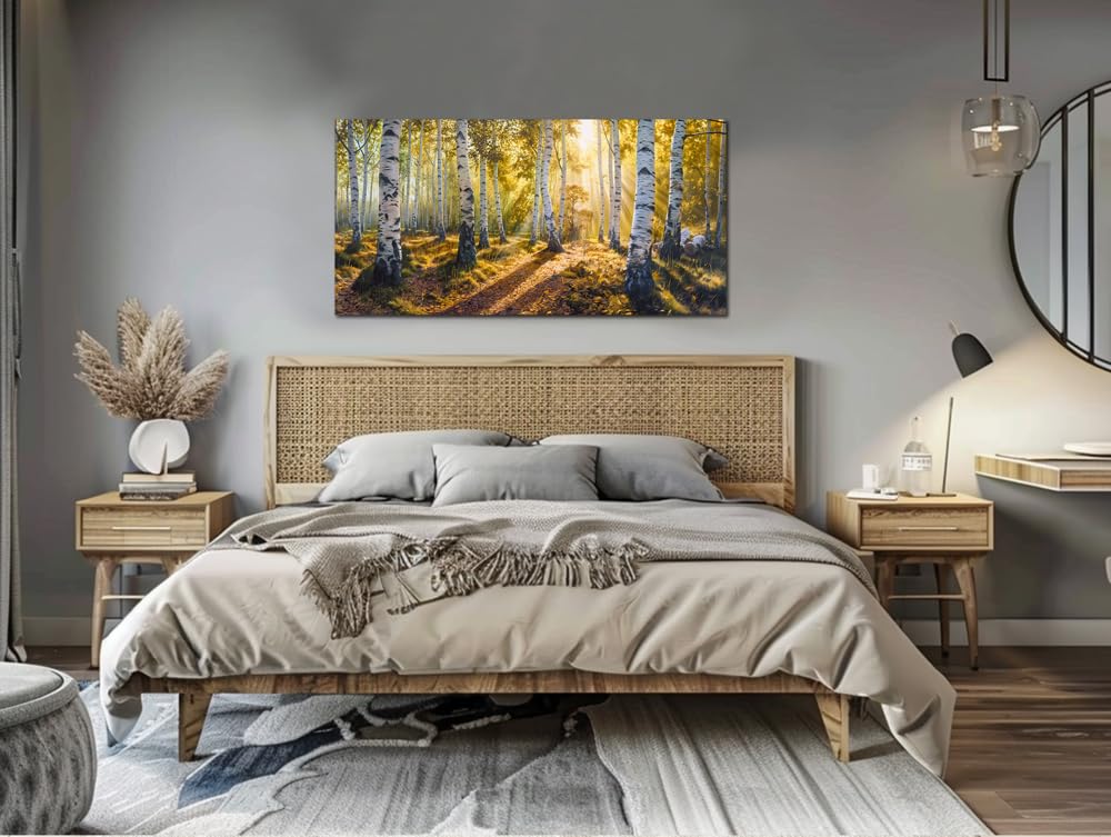 Sense&Sensitivity Arts-Green View White Birch Forest Canvas Painting Wall Art Decor Fall Artwork Modern Green Nature Artwork for Living Room Kitchen Bedroom Bathroom Office 40" x 20" Inch