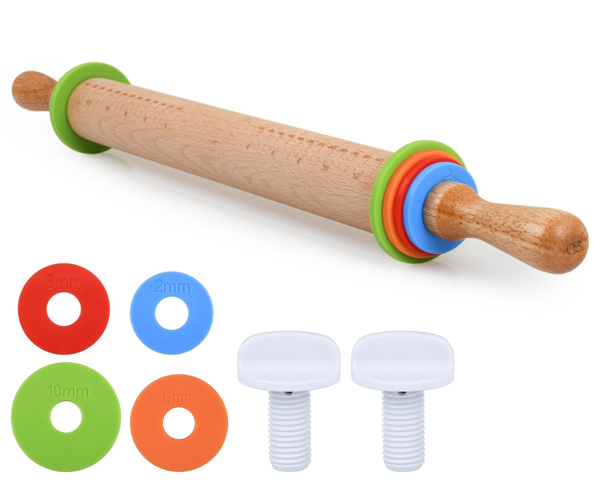 Victhur Rolling Pin with 4 Adjustable Thickness Rings and Long Handle 13.6 Inch Wooden Dough Roller for Baking, Dough, Cookie, Cake, Fondant, Pizza and Pie Crust