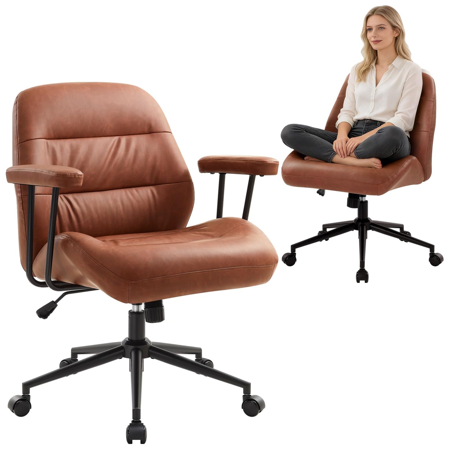 IWMH Leather Office Chair with Removable Armrests，Mid-Back Ergonomic Desk Chair with Lumbar Support，Adjustable Height 360° Swivel Executive Task Chairs for Home Office (Brown)