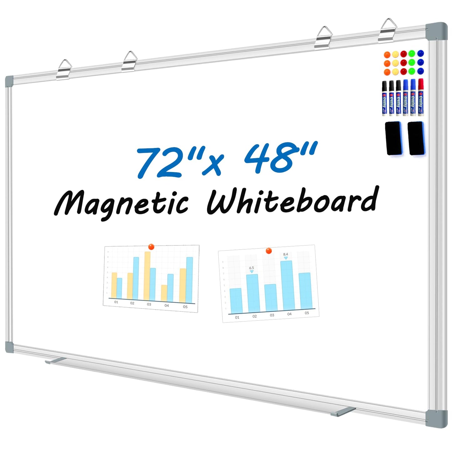 H-Qprobd 6'x4' Large Magnetic White Board Dry Erase Whiteboard with Aluminum Frame, 72"X48" Hanging White Boards for Wall with Long Pen Tray, Presentation Board for Office Classroom Home
