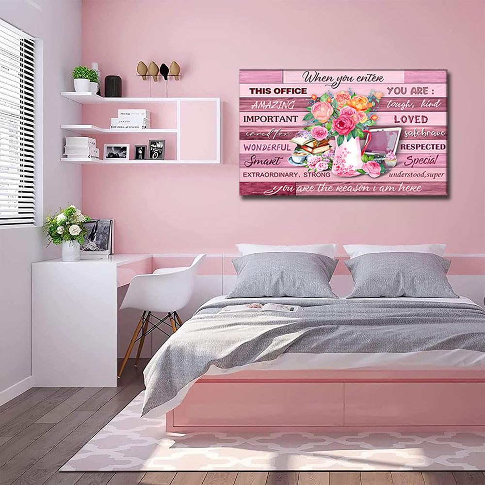 Framed Floral Canvas Wall Art Women Pink lnspirational Quotes flowers Pictures Office Wall Decor Rustic Paintings Prints Artwork Modern Poster Home for Living Room Bathroo Bedroom16x24inch(40x60cm)