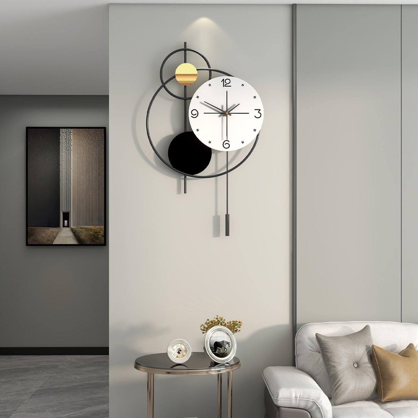 JUJUDA Large Wall Clock for Living Room Decor, Modern Decorative Metal Wall Clock with Pendulum for Bedroom Kitchen Office Decor, 13 Inch Big Silent Quartz Black Clock Battery Operated Non Ticking