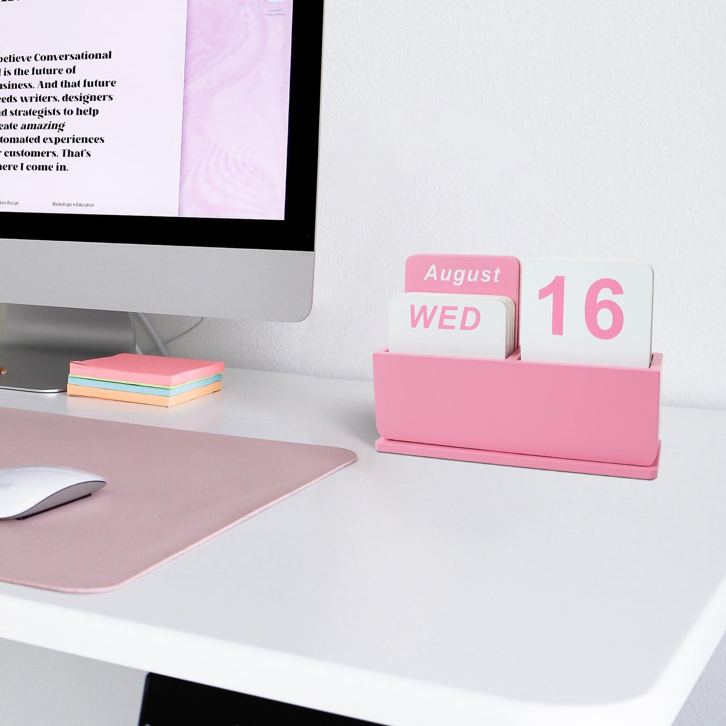 DEERINE Wooden Block Perpetual Calendar for Desk, Daily Desktop Standing Flip Calendar with Large Display, Modern Farmhouse Aesthetic Desk Accessories for Home Office Decor, Reusable Yearly, Pink