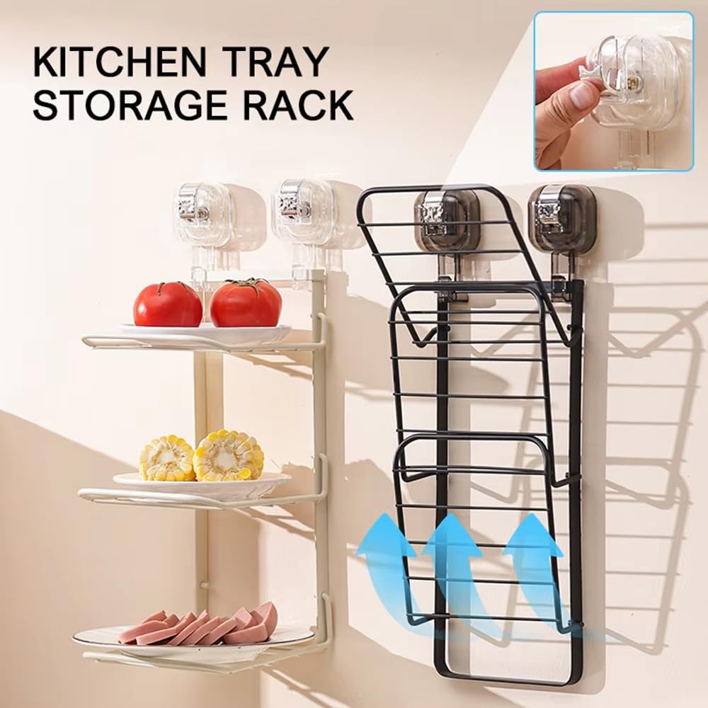 ELEFOCUS Suction Cup Kitchen Dish Storage Rack,3 Tier Food Preparation Tray,Wall Mounted Vegetable Tray Vegetable Preparation Rack,Multi-Layer Side Dish Storage Rack, Folding Non Perforated (White)