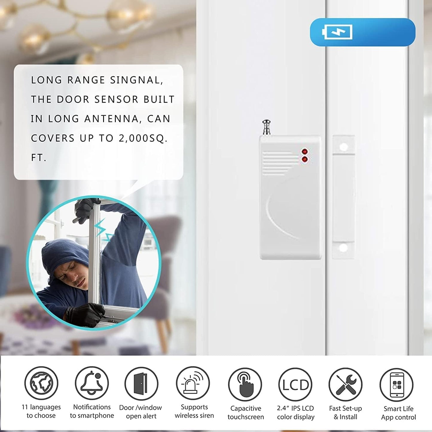 WiFi and 3/4G GSM Home Burglar Security Alarm System Auto Dial with Smart Life and Tuya App Alert, Works with Google Assistant and Alexa