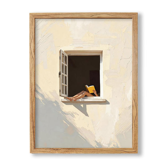 Framed Minimalist Summer Window Wall Art 08x10 inch Vintage Book Reading Aesthetic Poster Modern Sunny Cozy Canvas Prints For Living Room Bedroom Office Decor