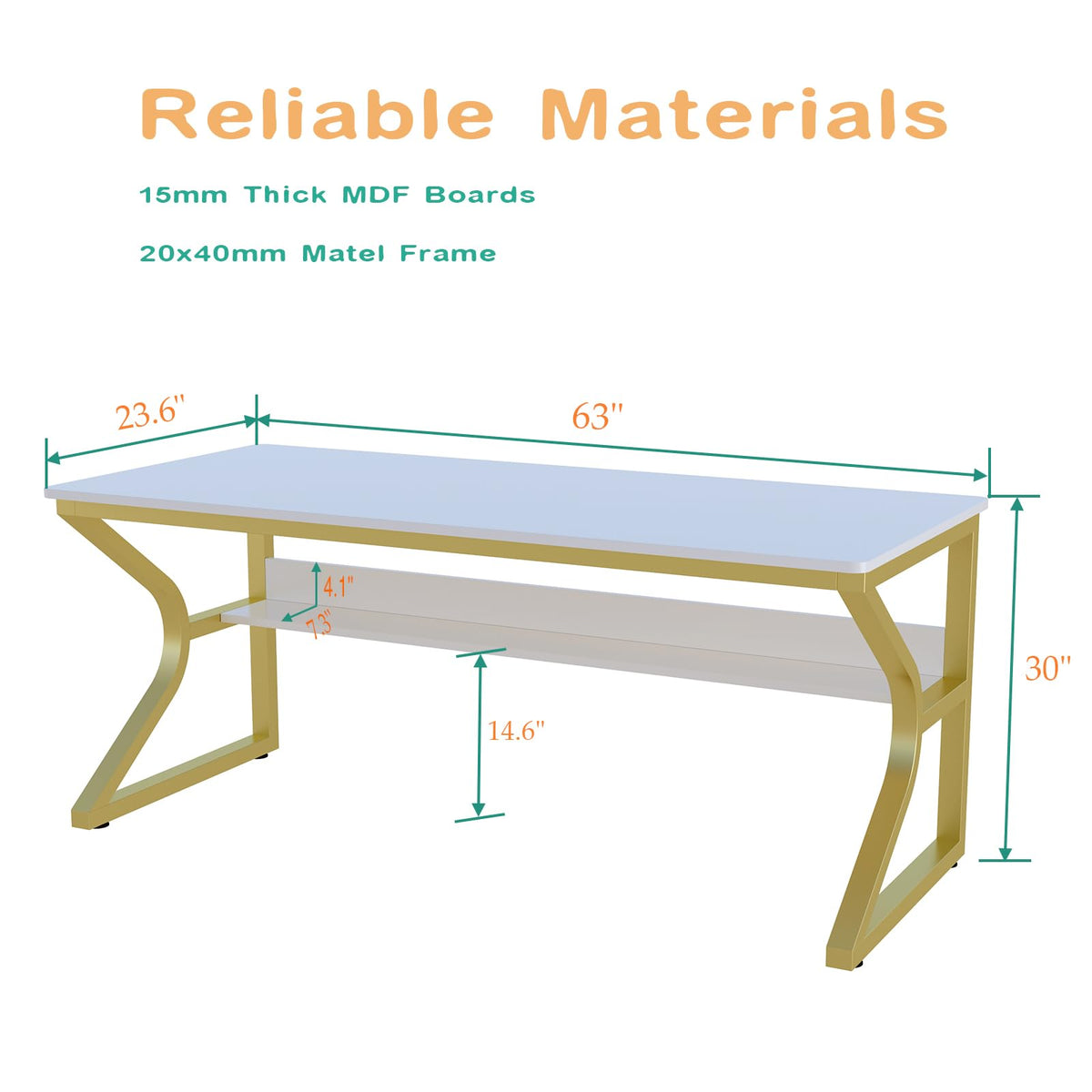 OSCHF Extra Long Desk with Bookshelf - 63" Double Long Writing Table for 2-Person Workstation, Modern Study Work Computer Desk for Home and Office, Gold