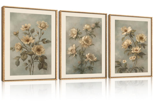 KAIRNE Vintage Botanical Flower Framed Canvas Wall Art Set,Boho Green Beige Floral Wall Decor,Rustic Wildflower Art Prints,Modern Minimalist Artwork for Living Room,Bedroom,Farmhouse,Office-12 x16 x3