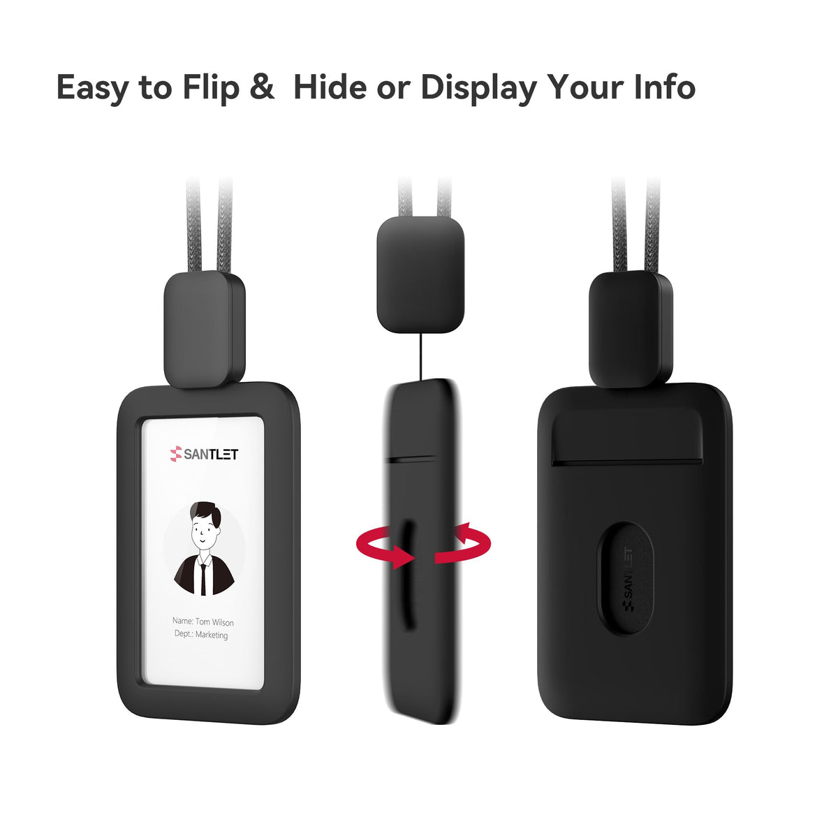 Lanyards for ID Badges Holder, SANTLET Silicone ID Badge Holder Name Card Case Protector with Retractable Cord, Safety Breakaway Buckle, 2 Card Slots for Office Staff Teachers Employees Cruising Black