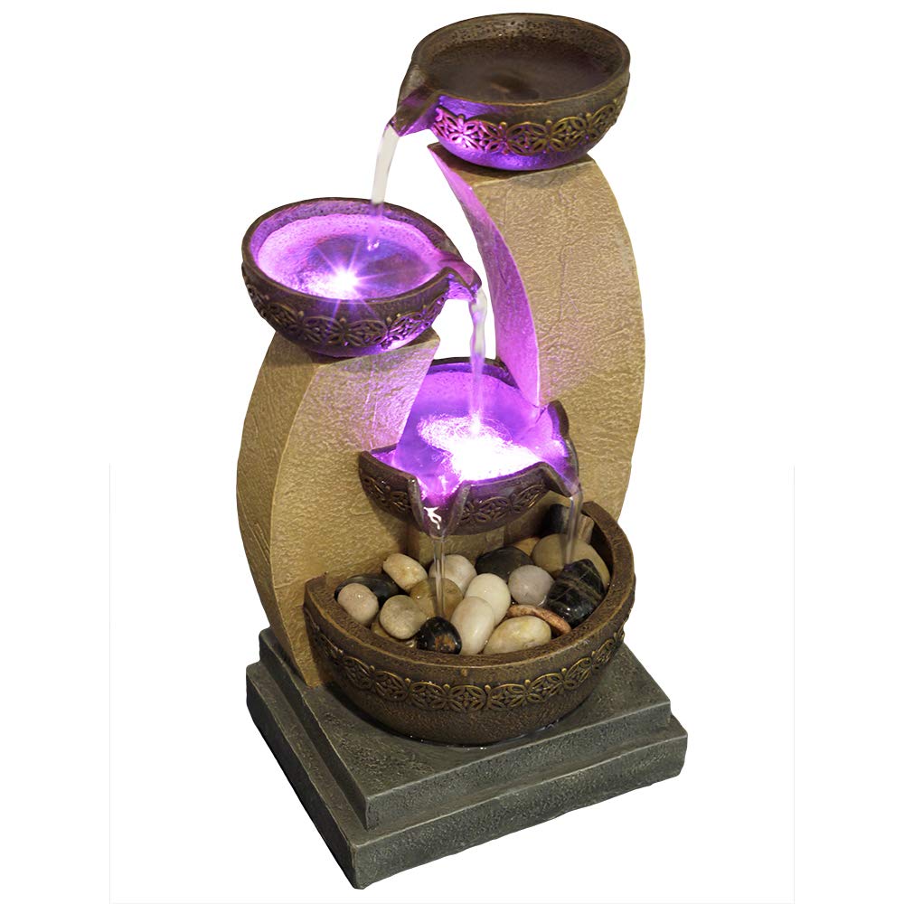 11" H Golden Tiered Bowl Fountain with Color Changing LED Lights with Adapter Brown