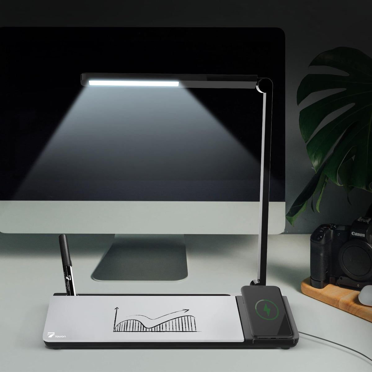 TOWON LED Desk Lamp with Charging Pad and Dry Erase Whiteboard - Adjustable 2 Level Light Touch Lamp, Eye-Caring Foldable Table Lamp with White Board Storage College Dorm Room Essentials, Black
