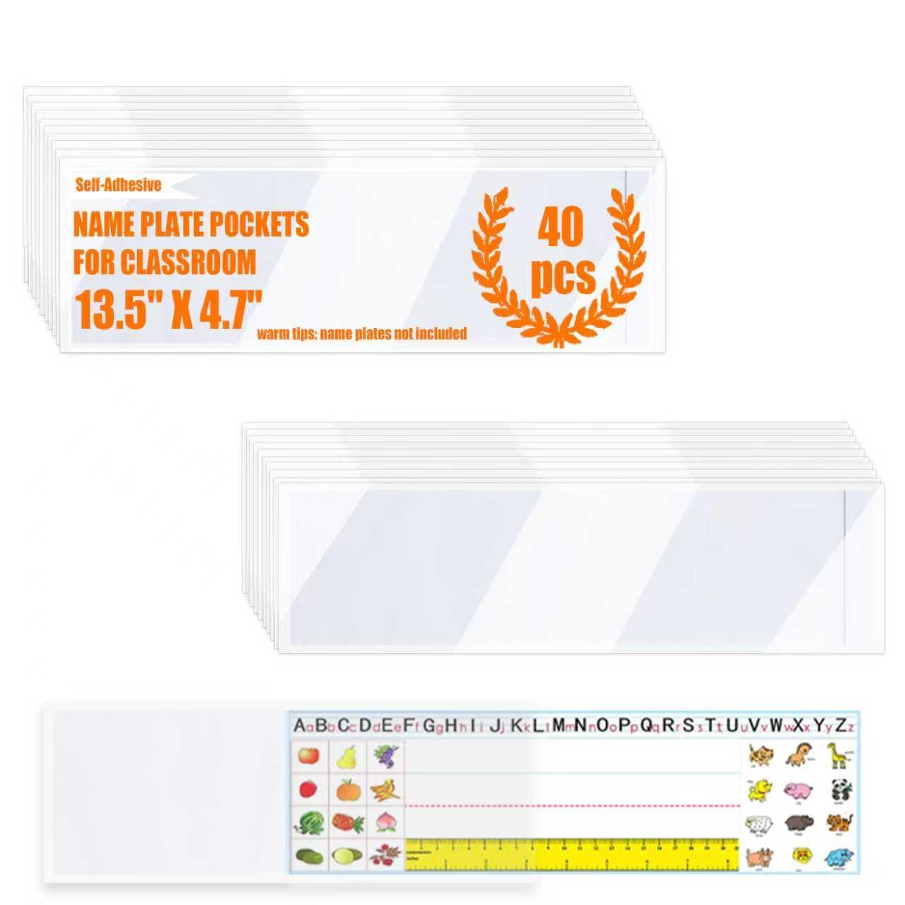 40 PCS Nameplate Pocket,13.5 x 4.7 Inch Adhesive Desk Nameplates Name Tag Pocket Clear Desk Name Tag Sleeves for Classroom (Thickness:7 mils)