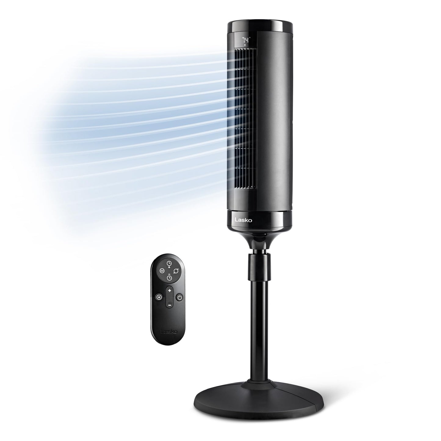 Lasko Elevation Adjustable Tower Fan 42”-54”, Pedestal Fan, 31 ft/s Airflow, Quiet 28 dB, 90° Oscillation, 12h Timer, Remote, Black, EST100