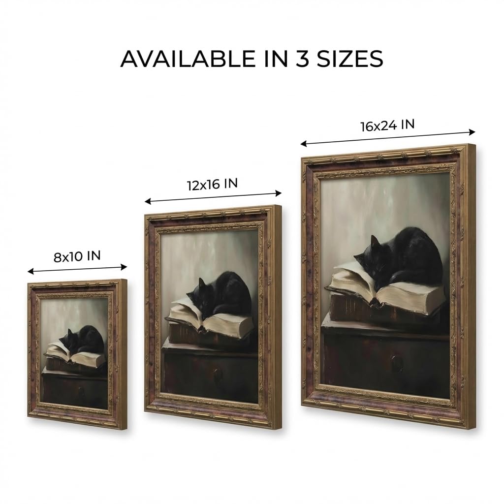 Framed Vintage Black Cat Wall Art Canvas Print Retro Animal Painting Picture Moody Rustic Farmhouse Artwork for Living Room Bedroom Office, Ready to Hang 8x10 Inches
