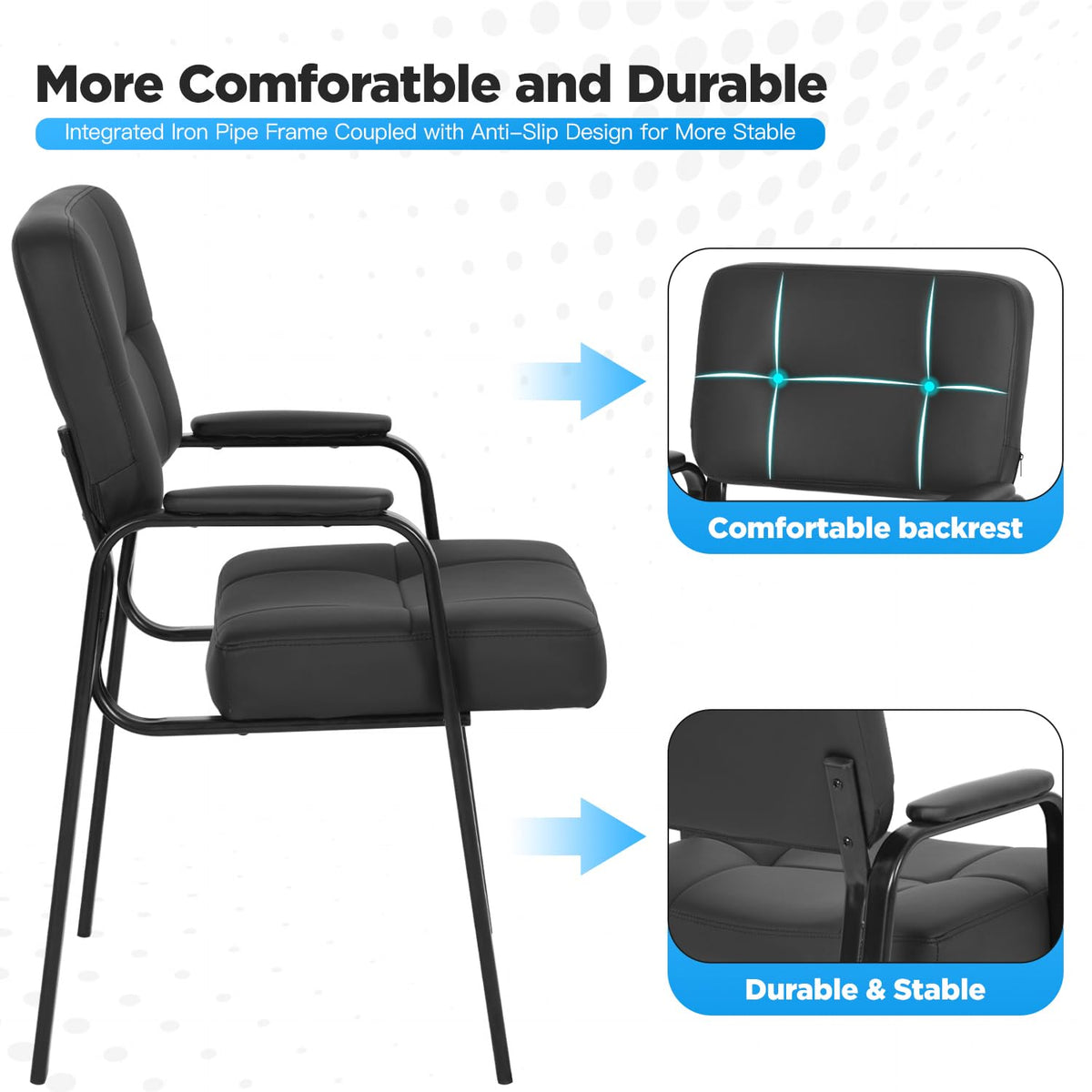 FDW Office Guest Chair Reception Chair Waiting Room Chairs with Padded Armrest PU Leather for Home Office Reception Meeting Room Chair Lobby No Wheels, Black