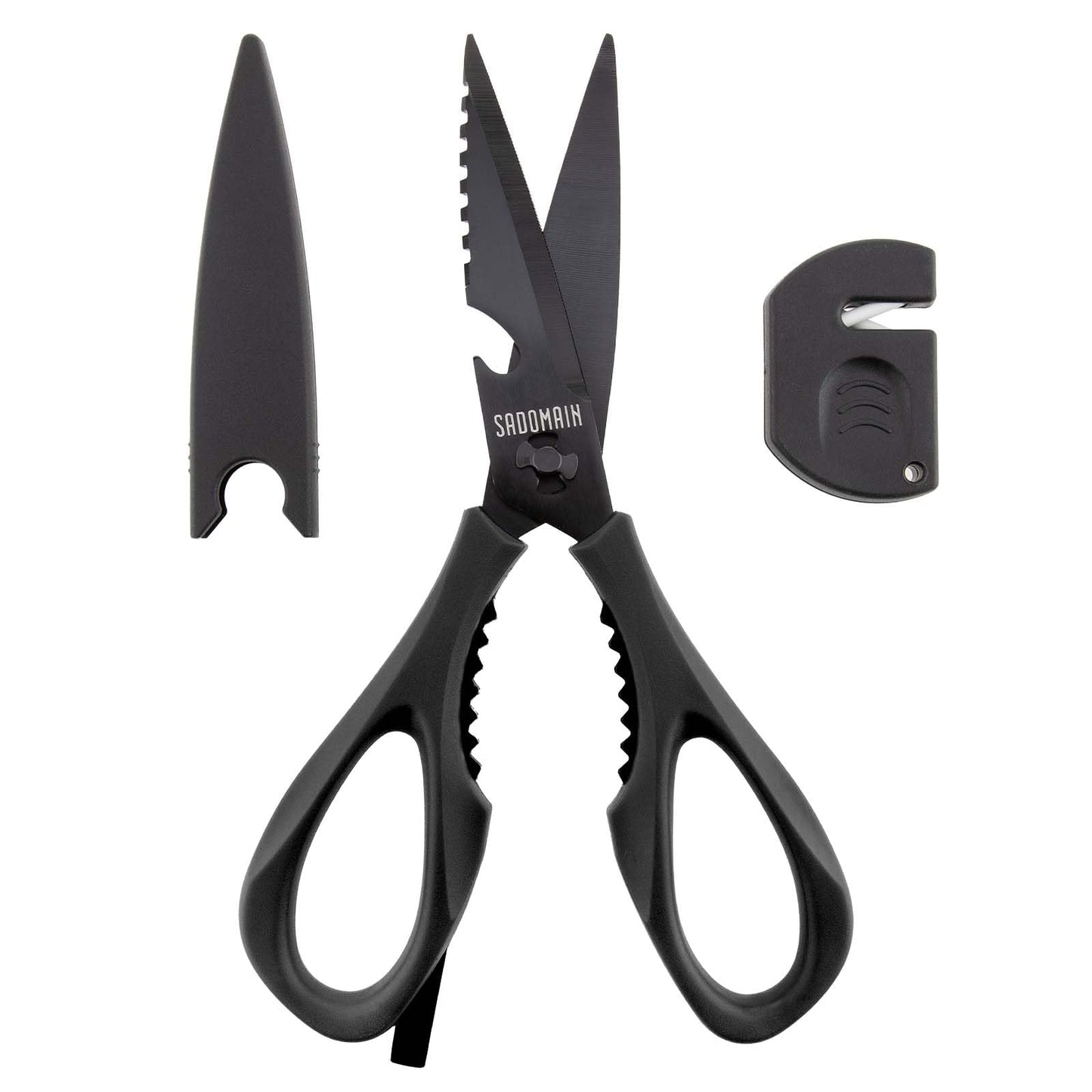 SADOMAIN Kitchen Scissors All Purpose, Extra Sharp Kitchen Shears with Knife Sharpener & Sheath, Solid & Durable Stainless Steel Scissors with ANTI-RUST Black Titanium Plated, Dishwasher Safe - Black