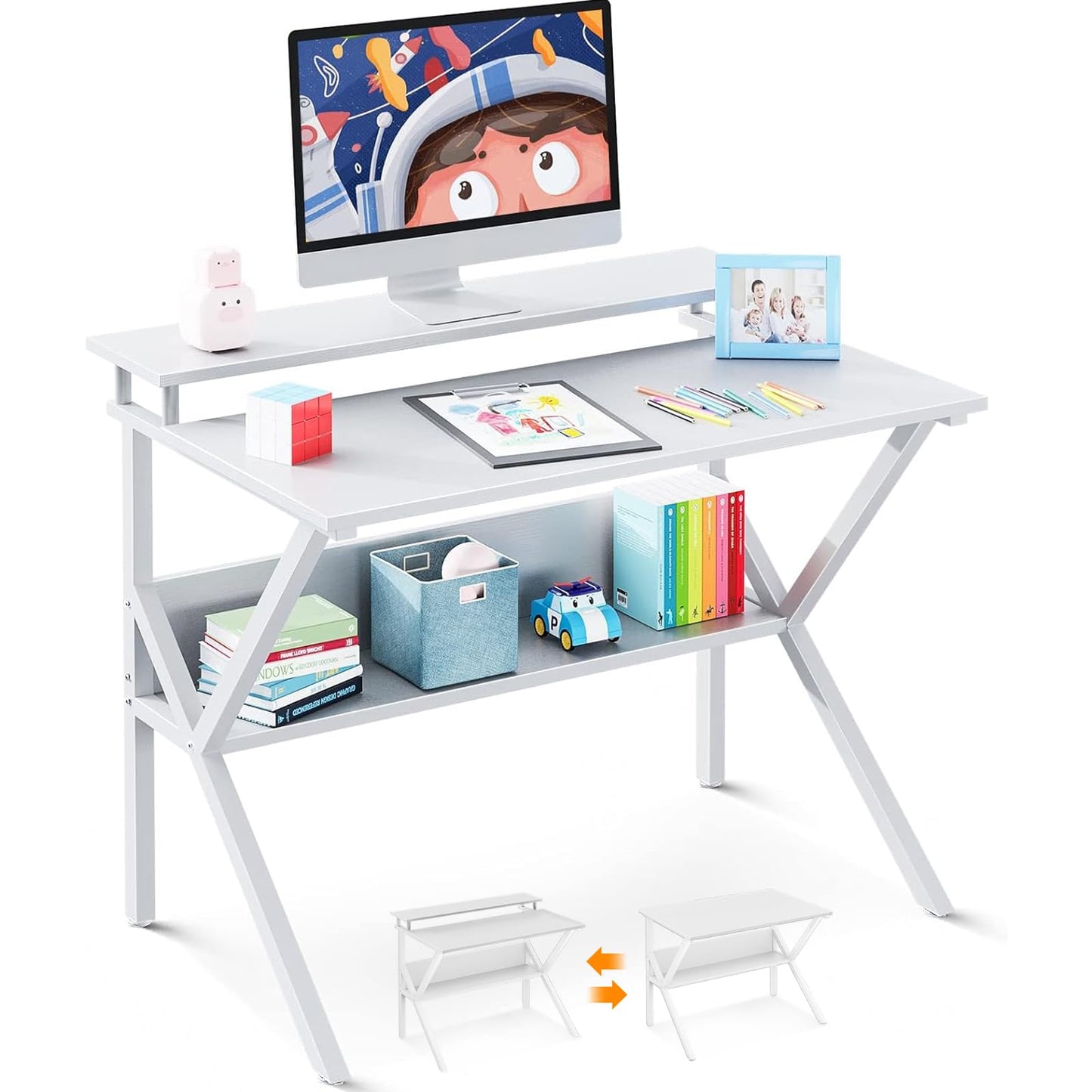 ODK Small Computer Desk, 27.5 inch Desk for Small Spaces with Storage, Compact Table with Monitor & Storage Shelves for Home Office, Modern Style Laptop Desk, Pure White
