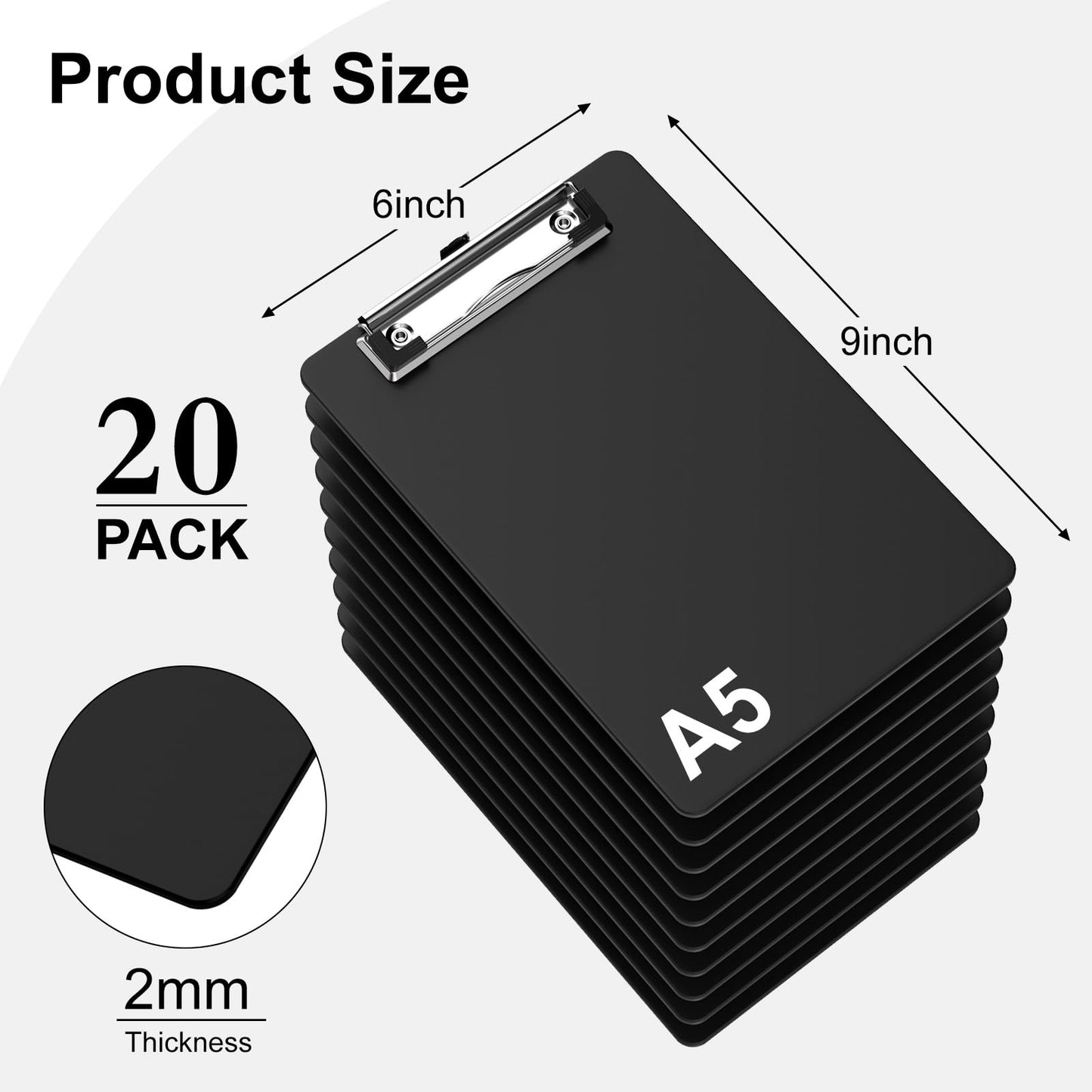 Zoenley Small Black Clipboard, 6 x 9 Half-Letter Size for Classroom, Students, Teacher, Nurse, A5 Mini Clip Board with Low Profile Clip, Office & School Supplies（20Pack）