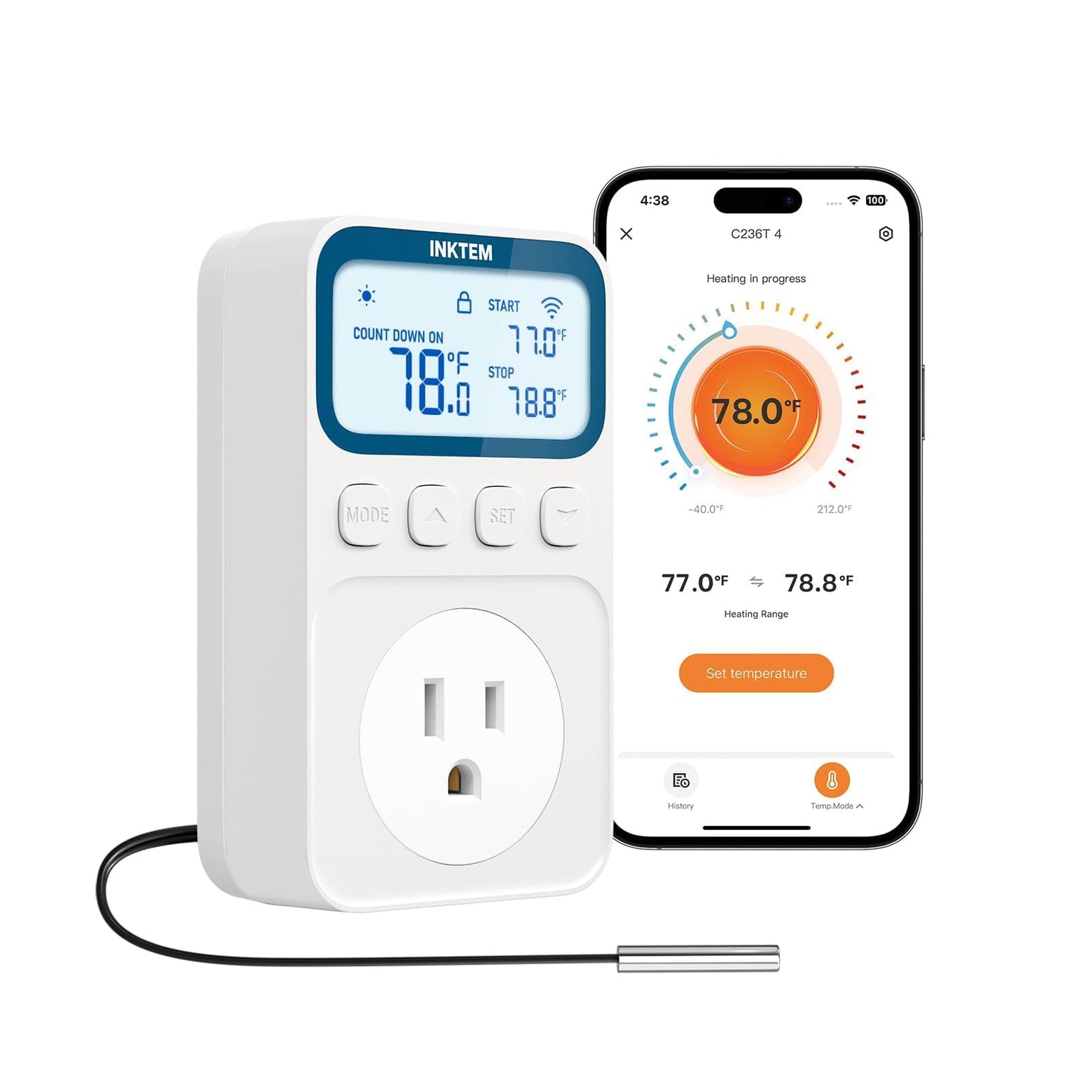 INKTEM WiFi Plug in Thermostat Outlet, Temperature Controlled Outlet with Smart APP, Timer & Memory Digital Temp Controller -40~212℉, IP67 Waterproof Probe for Incubator Homebrew Reptile Space Heater