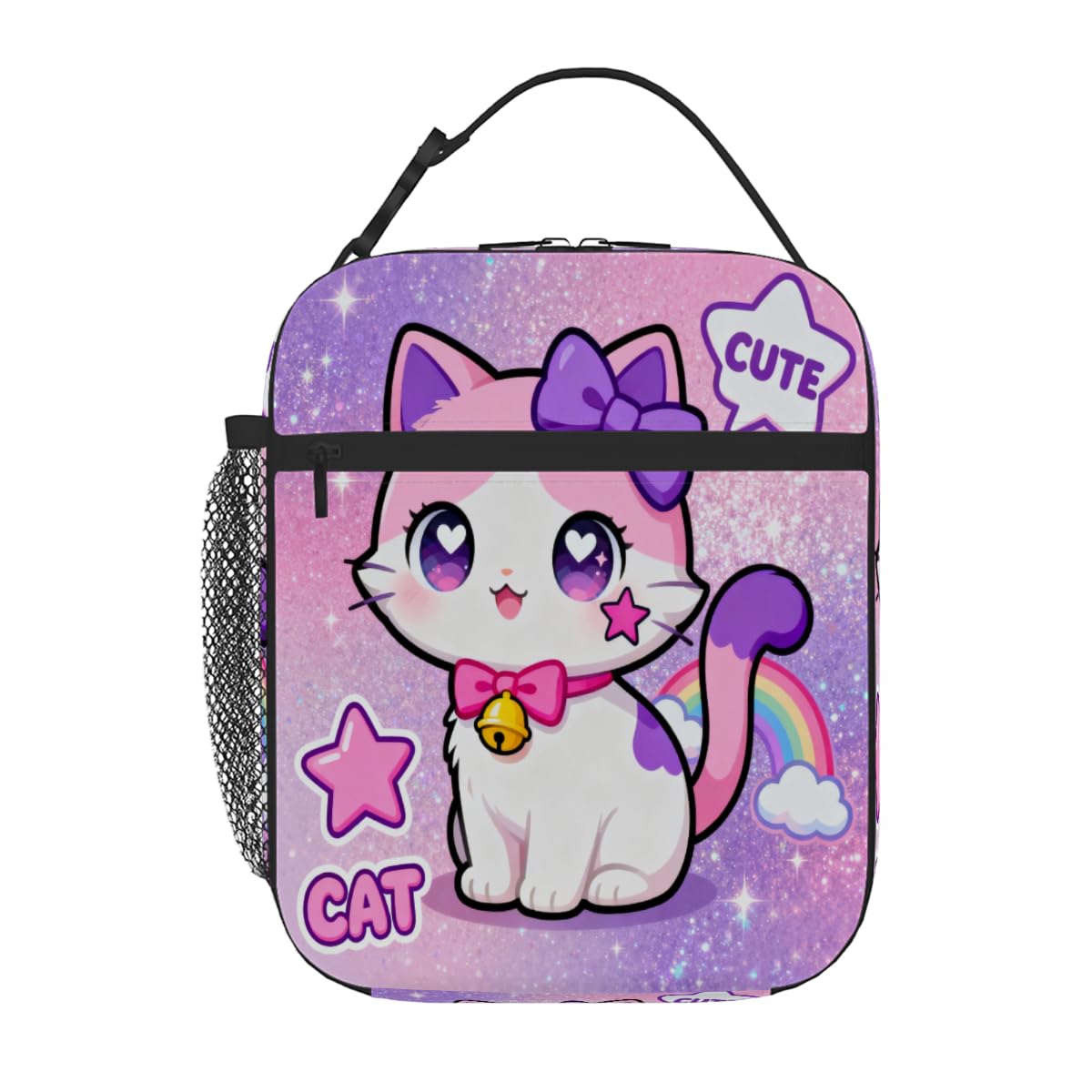 AUUXVA Cute Kids Insulated Lunch Bag - Girls Lunch Boxes for School Waterproof Lunchbox with Water Bottle Holder, Reusable Portable Lunch Tote for Office Beach Picnic(Cat)