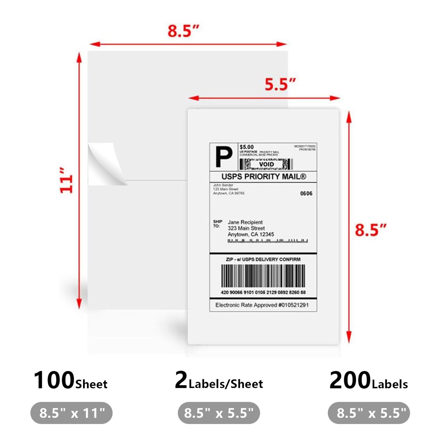 9527 Product 8.5" x 5.5" Half Sheet Self Adhesive Shipping Labels for Laser & Inkjet Printers, Easy to Peel Label, 100 Sheet 8.5 x 11 Address Labels, 2 Labels per Sheet (200 Labels)