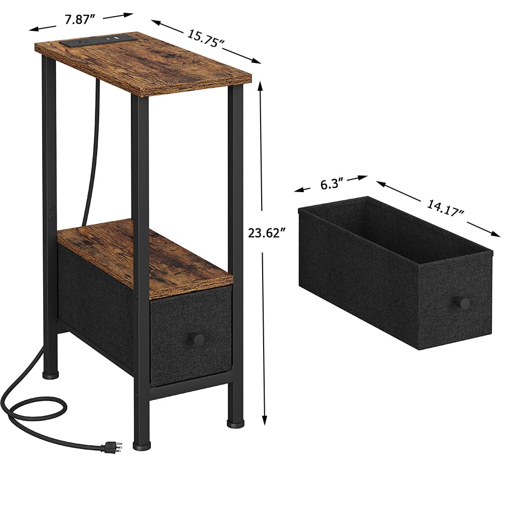 VIMBER Narrow Side Table for Small Spaces, Skinny End Table with Charging Station, Sofa Beside Table with 1 Drawer 1 Open Compartment, Slim Nightstand with USB Ports Outlet, Rustic and Brown
