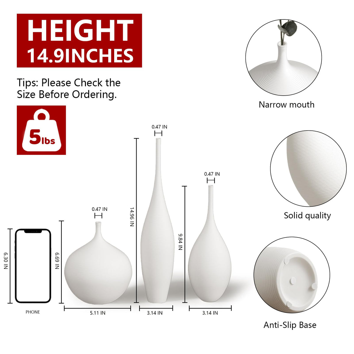 Relexome White Ceramic Vase Modern Boho Wabi-Sabi Flower Vase Set of 3 Decorative Aesthetic Vases for Centerpieces Pampas Matte Minimalist Vases for Living Room Table Shelf Home Decor Gift