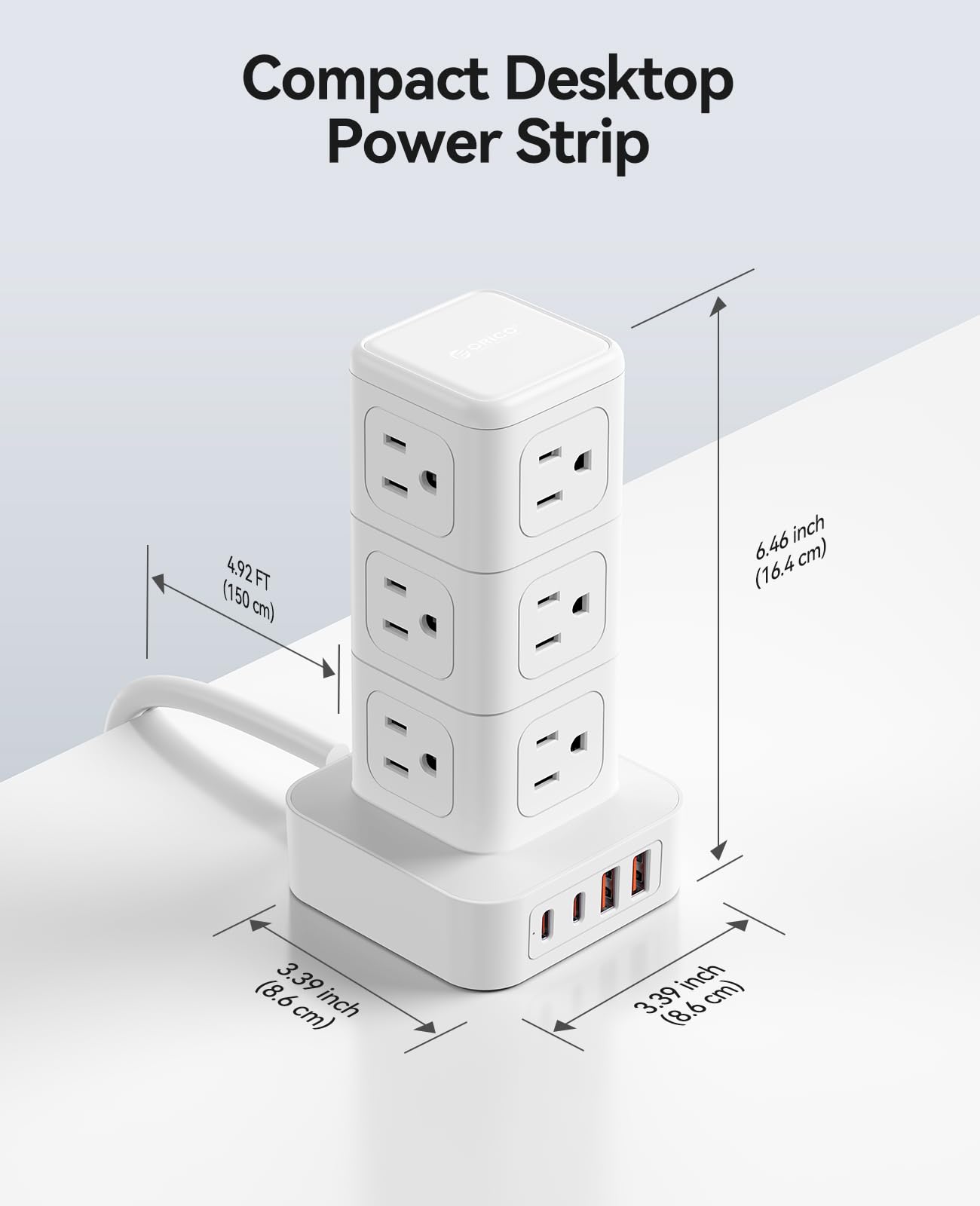ORICO Tower Power Strip with Surge Protection, Charging Station Tower with 12 AC Outlets 4 USB Ports (2 USB C), Space Saving Design, 5FT Tower Extension Cord for Home, Office, Dorm - TPP20