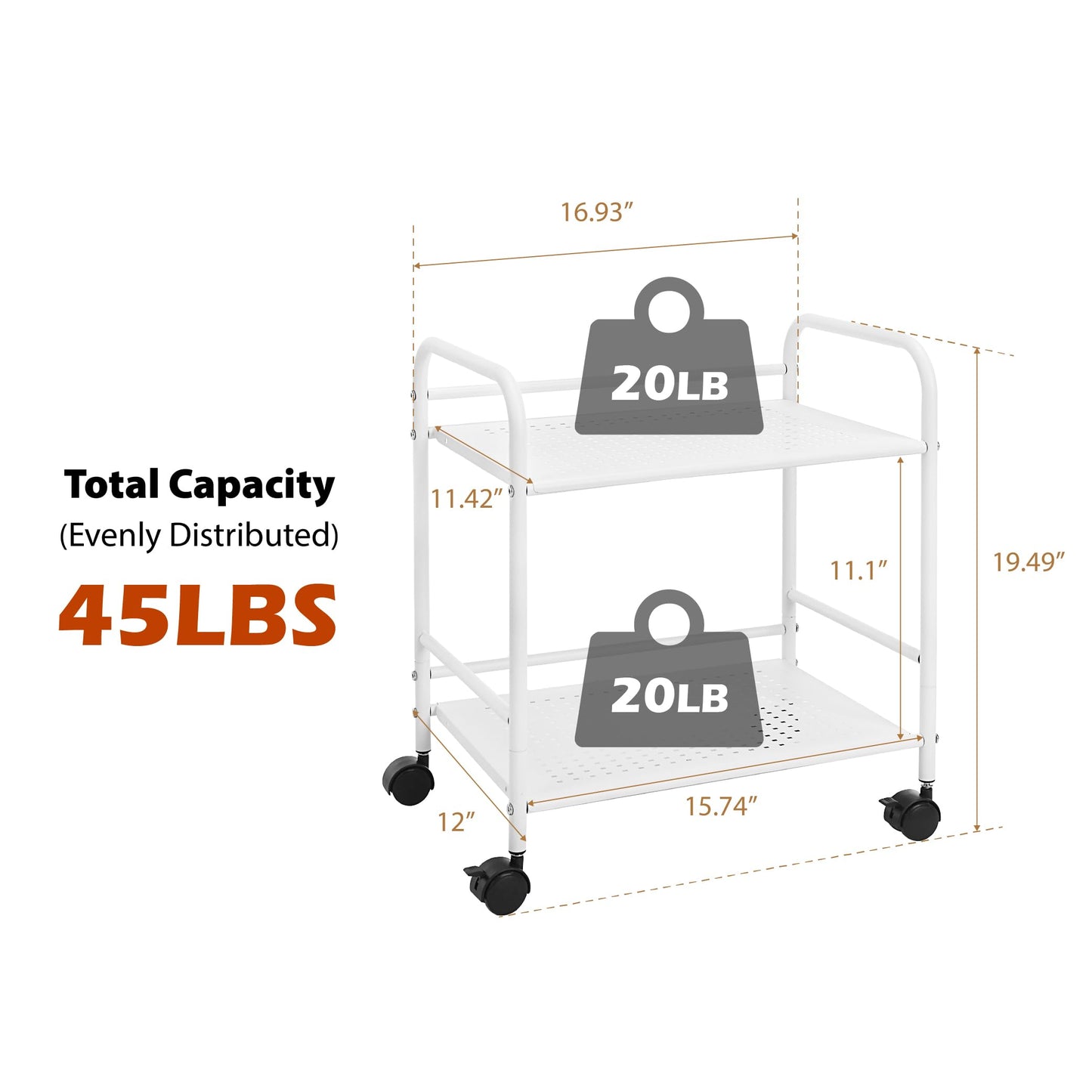 SunnyPoint 2-Tier Metal Rolling Utility Cart – Mobile Storage Shelf with Caster Wheels – Small Space Organizer for Home, Office, Bedroom, Kitchen (WHT)