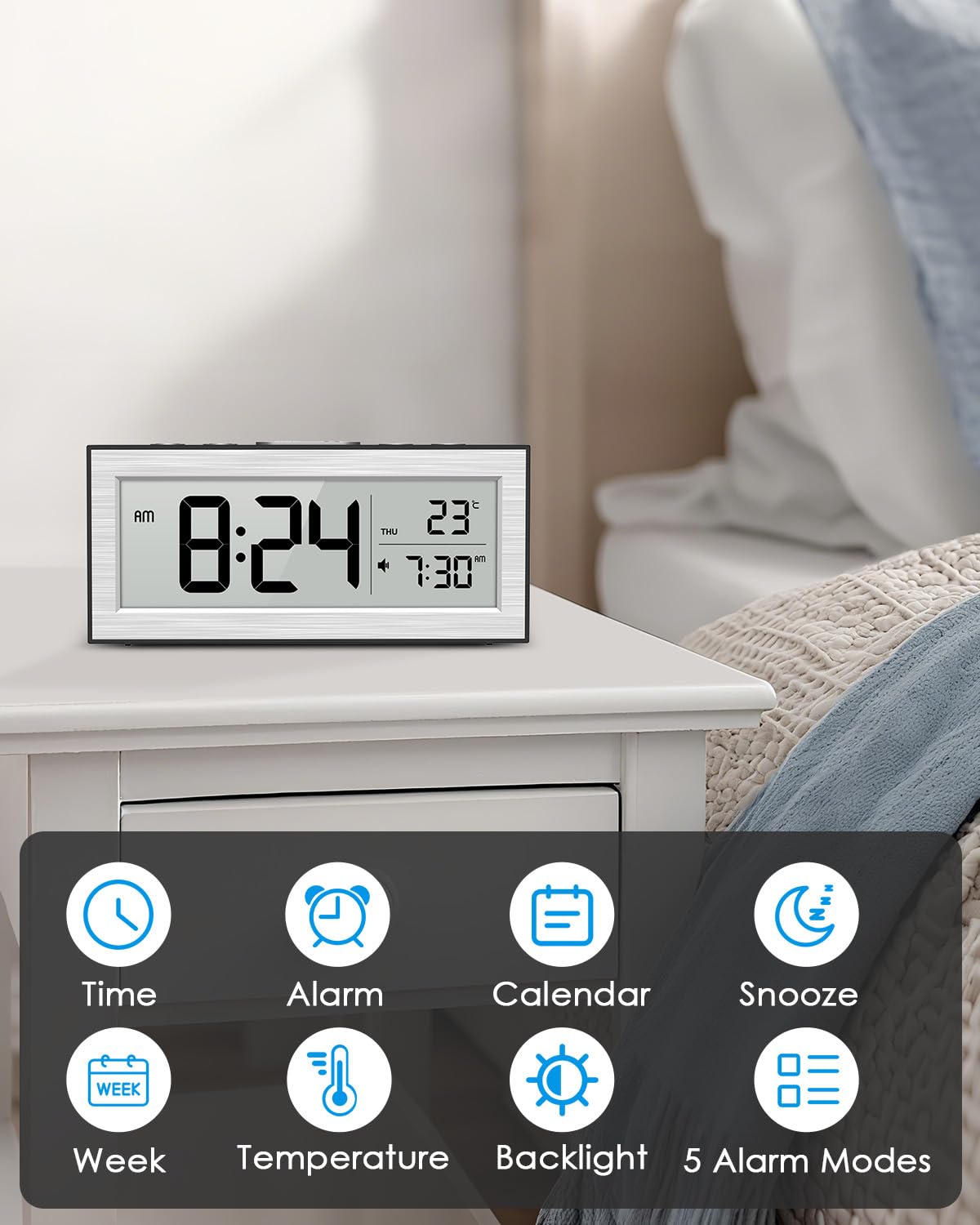 AMIR Small Digital Alarm Clock, Digital Clock Battery Operated with Temperature Date, Backlight LCD Screen, Desk Clock for Bedroom,Office,Travel (Batteries Included)