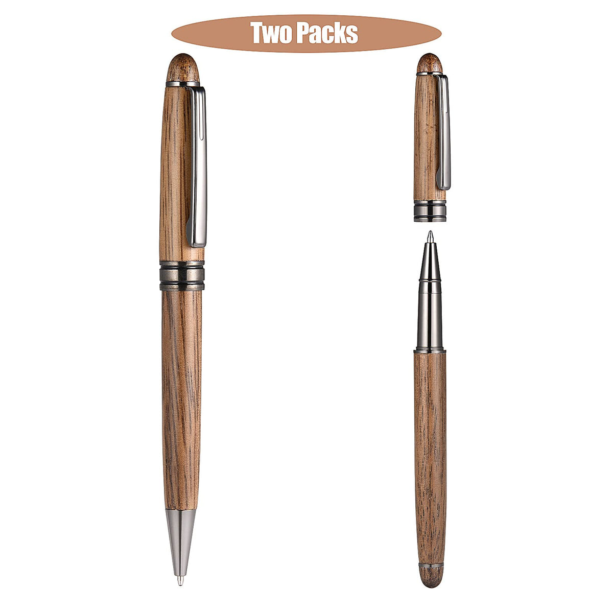 Glovion Wood Ballpoint Pen Set 2 Pack, Fancy Wooden Pens and Rollerball Pen for Men Extra 4 Ink Refills (2 Blue & 2 Black) Nice Writing Pen Sets Gift for Business Journaling Executive Signature