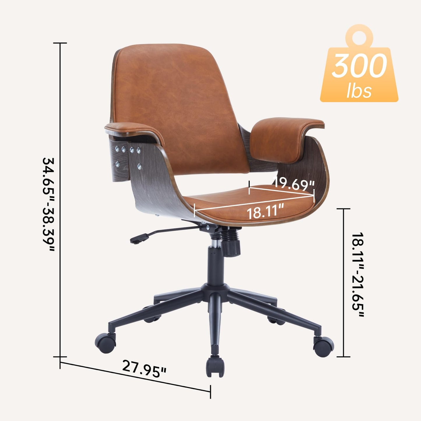 Mid Century Modern Home Office Chair,Ergonomic U-Shape Mid Back Executive Chair,Adjustable Height Swivel Computer Chair with Walnut Finish&PU Leather,Accent Chairs for Study Bedroom Workspace(Brown)