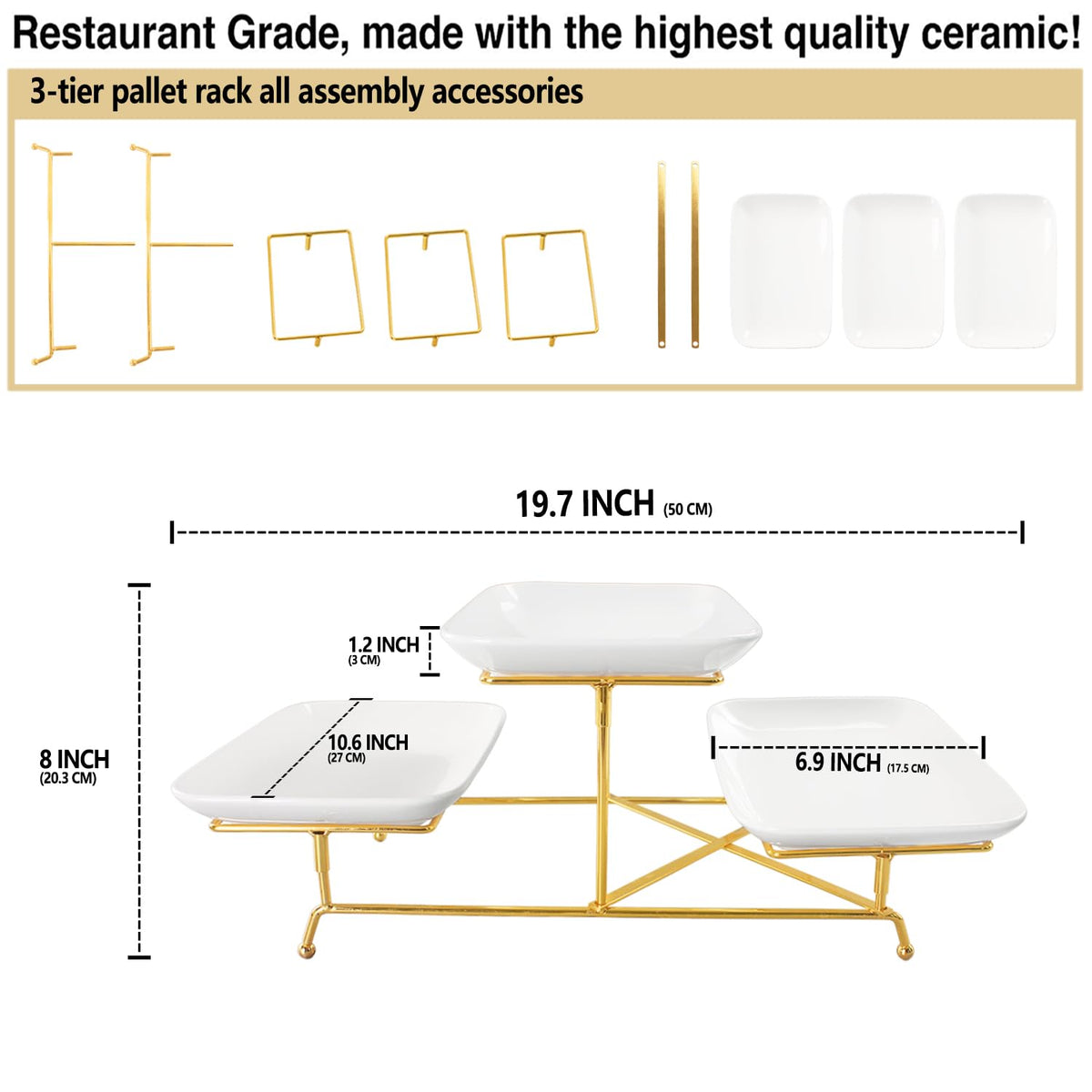 LIUYWYHCF 3-Tier Serving Rack with Ceramic Serving Tray, Foldable Gold Stand with 3 Pieces White 10.6 Inch Large Plates for Food Display, Fruit, Dessert Server Display and Entertaining