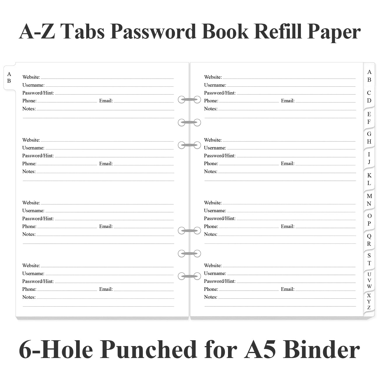 Password Book Refills for A5 Binder - A-Z Password Notebook Refill Paper with Alphabetical Tabs, 120gsm White Paper, 6-Hole Punehed, 5.8" x 8.3"