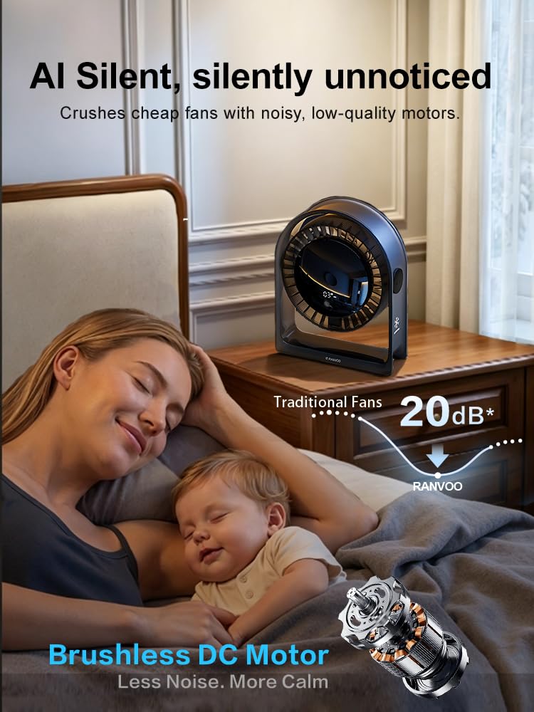2026 New Desk Fan, Quiet Air Circulator Mini Fan for Bedroom, Portable Smart Display USB Fan, 4 Speeds Strong Airflow, 120°Tilt, Small Desktop Table Fans For Office Bedside Room, Translucent Black