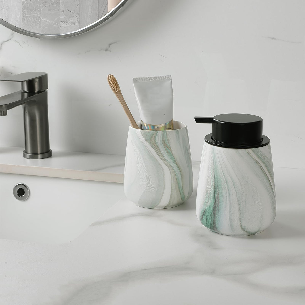 Marble Green Toothbrush Holder for Bathroom - Ceramic Tooth Brushing Holders, Toothbrush Cup, Toothpaste Organizer for Bathroom Countertop, Makeup Brush Holder, Pen Holder for Home Desktop Storage