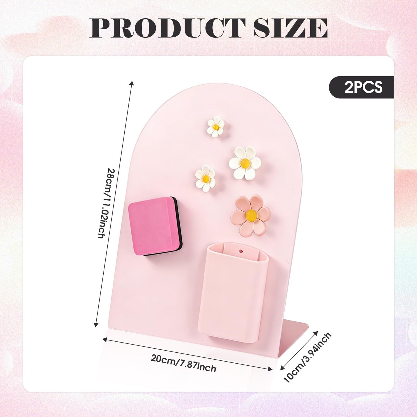 2 Pcs Magnetic Bulletin Board for Tabletops with 4 Flower Magnets, Magnetic Pen Holder, 10x7 Inch Memo Display Easel Stand Photo Display Board, Home School Office Kitchen Table Supplies