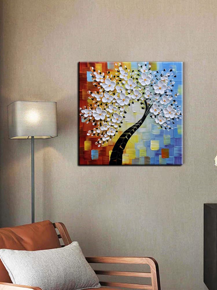 YaSheng Art - 24x24inch Wall Art,Hand Painted oil painting, Modern Abstract Floral Oil Painting, Dining Room Wall Decor, Bedroom Wall Decor, 3D Textured Framed White Floral Paintings, Modern Home Office Wall Decor